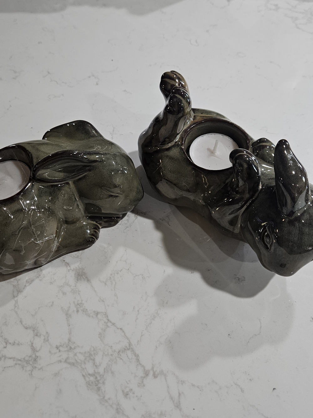 Glazed Ceramic Rabbit Tealight Holders - Pair By Partylite.